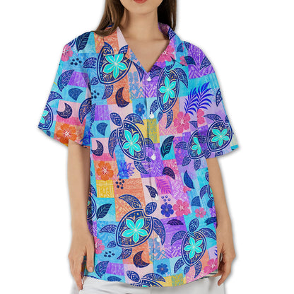 Seventh lifestyle view of the vivid sea turtle and hibiscus print hawaiian shirt