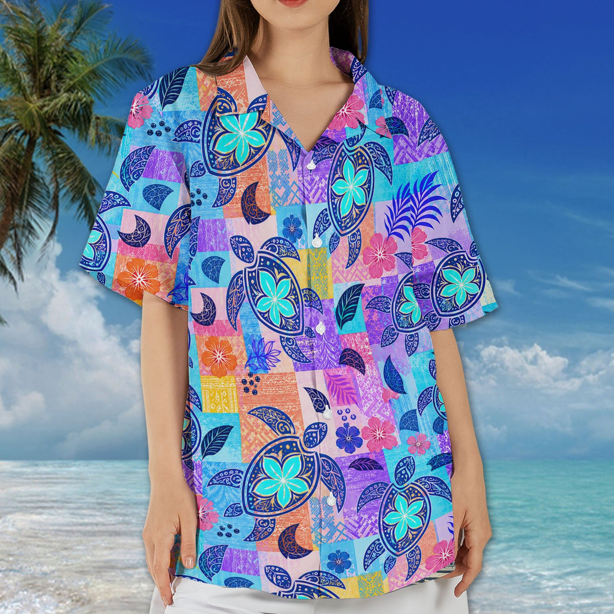 Eighth lifestyle view highlighting the patchwork design of the tropical turtle hawaiian shirt