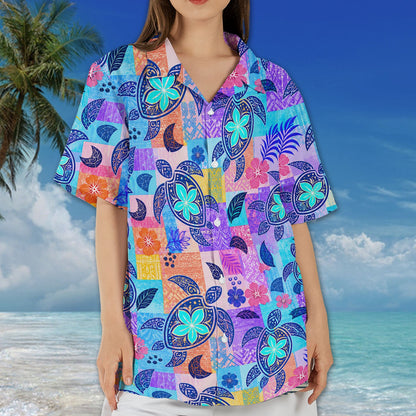 Eighth lifestyle view highlighting the patchwork design of the tropical turtle hawaiian shirt