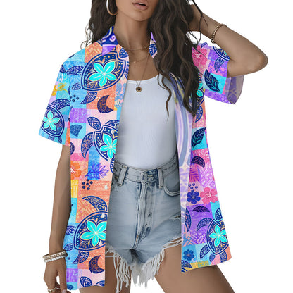 Lifestyle view of a person wearing the matching family hawaiian shirt with tropical turtles