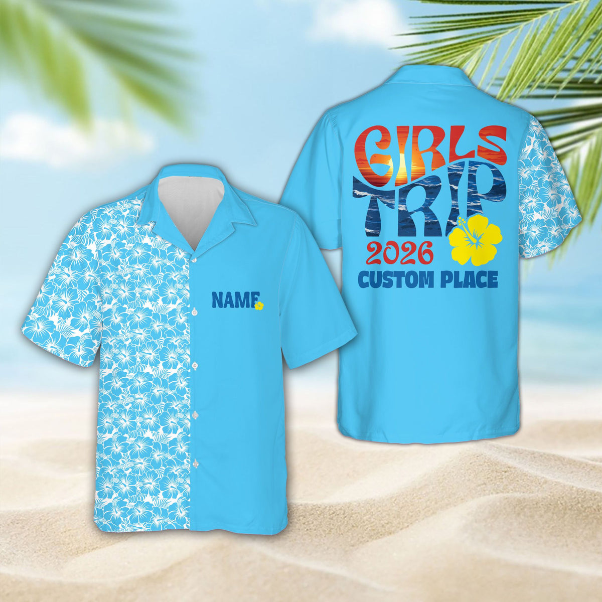 Blue floral hawaiian shirt for family, front view
