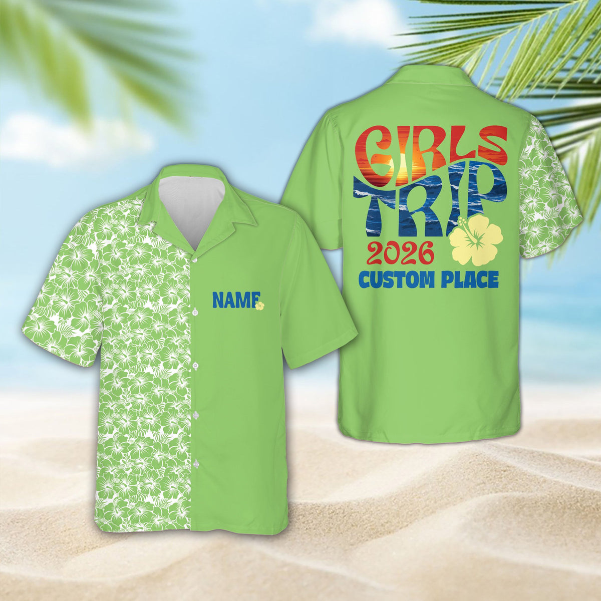 Green half-and-half vacation hawaiian shirt, front view