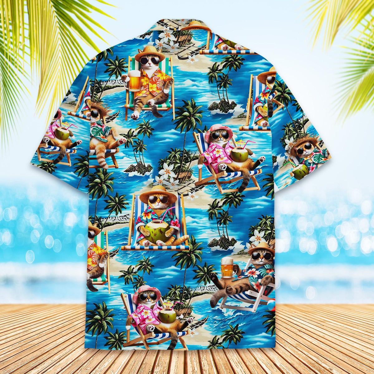 Detailed back view of the blue tropical vacation hawaiian shirt