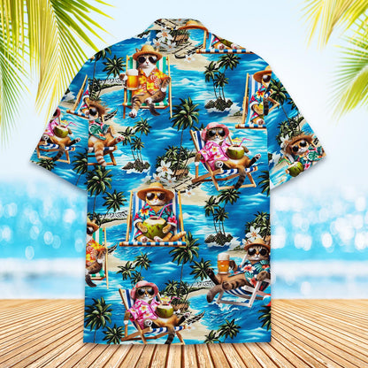 Detailed back view of the blue tropical vacation hawaiian shirt