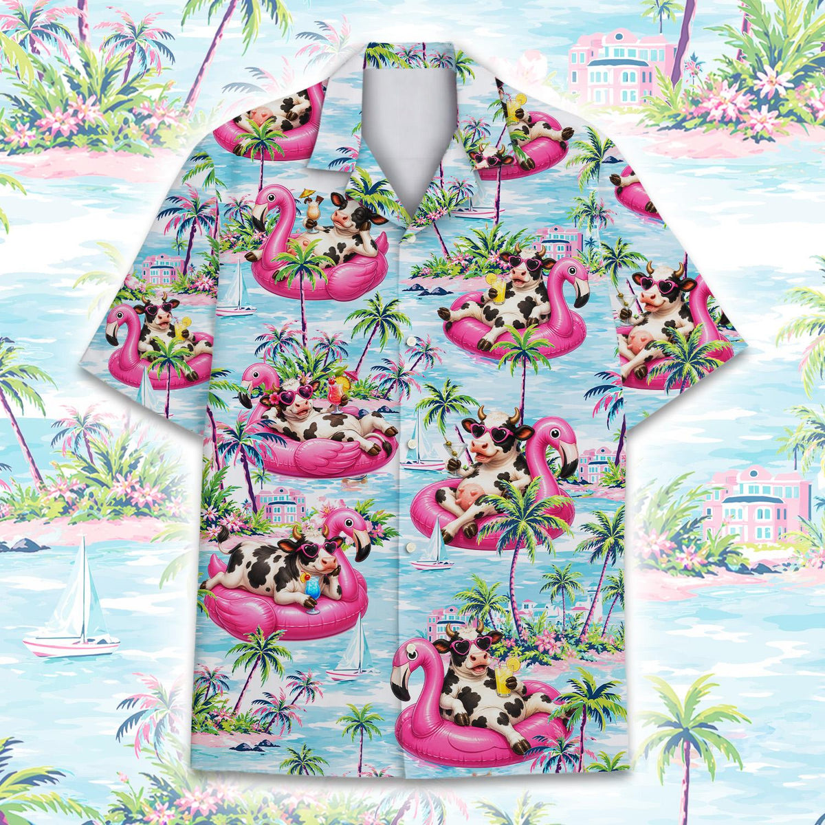 Tropical vacation hawaiian shirt with cow print, back view