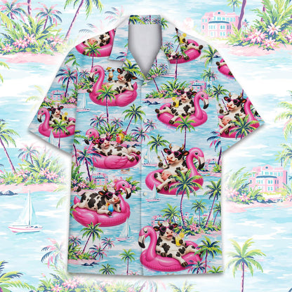 Tropical vacation hawaiian shirt with cow print, back view