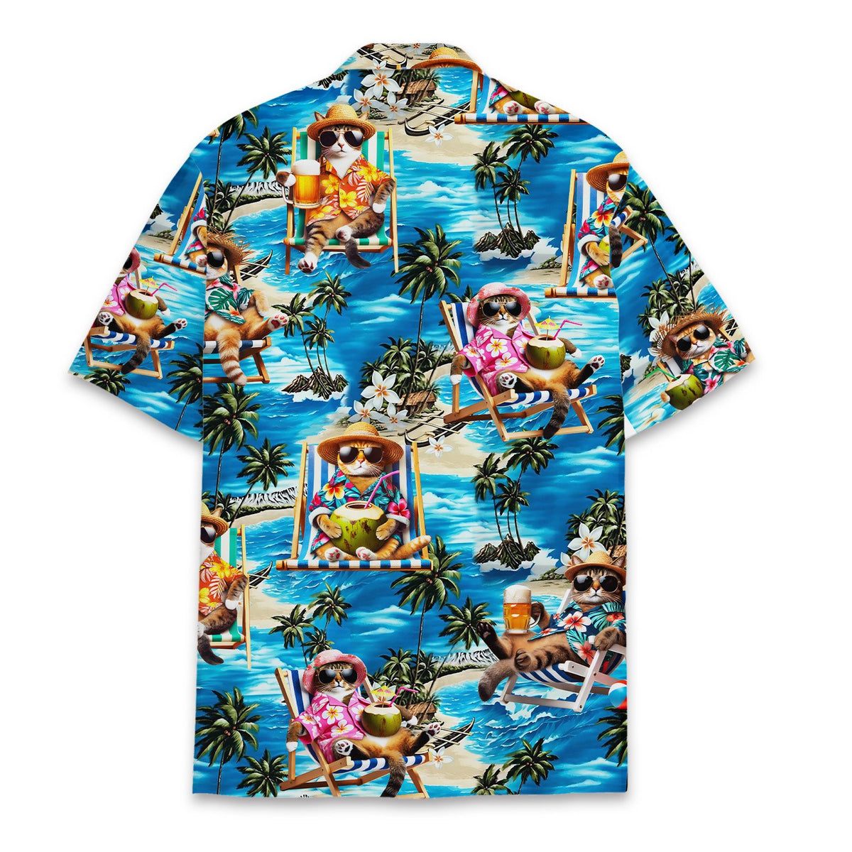 Back view of the tropical vacation hawaiian shirt with continuous cat pattern