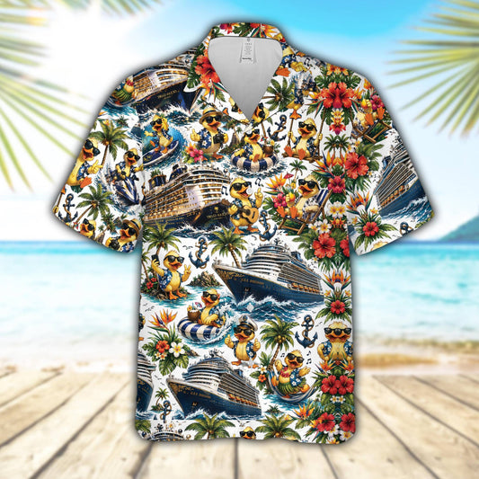 Front view of the tropical vacation hawaiian shirt featuring cartoon ducks and cruise ships