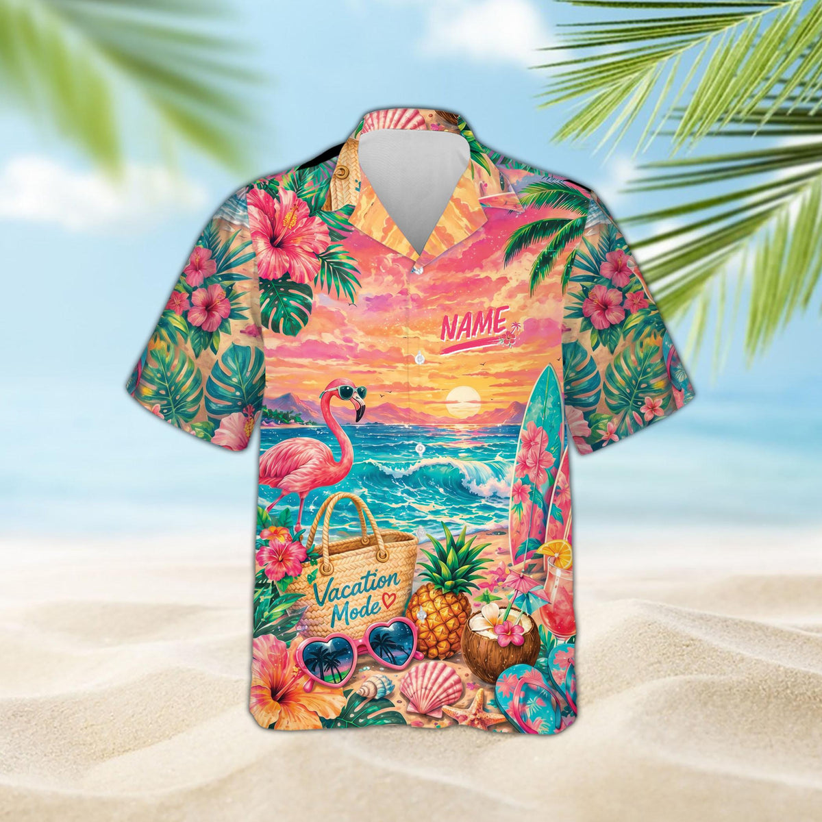 Tropical vacation hawaiian shirt with vibrant beach scene and custom name, front view