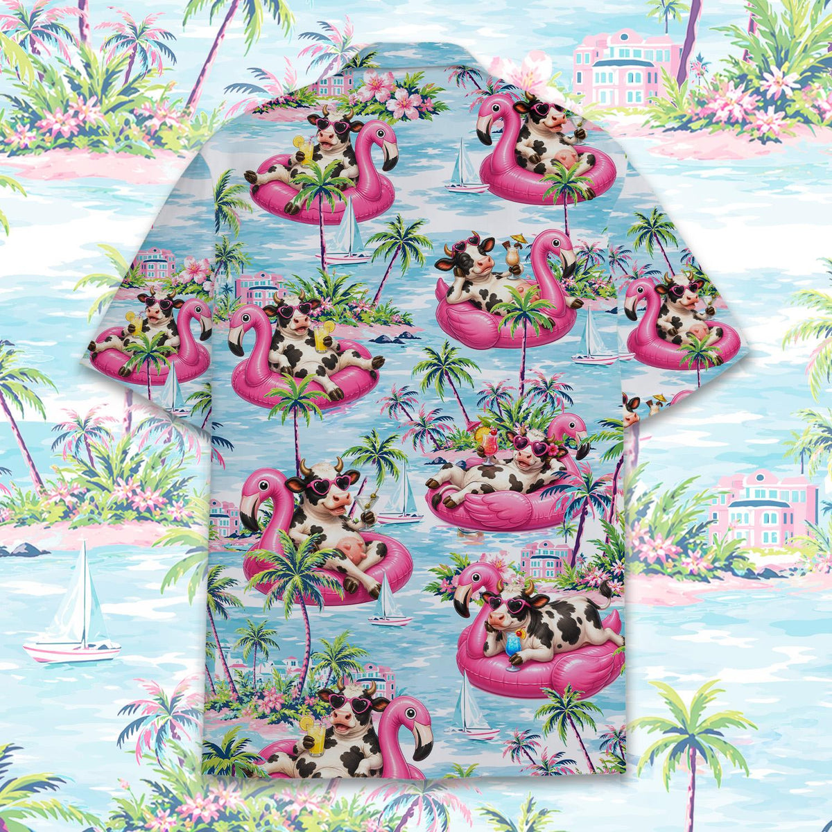 Fun tropical cow print hawaiian shirt, front view 2