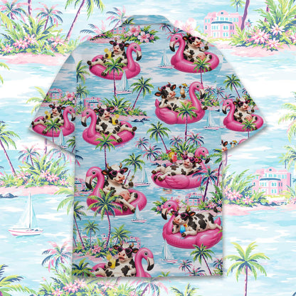 Fun tropical cow print hawaiian shirt, front view 2