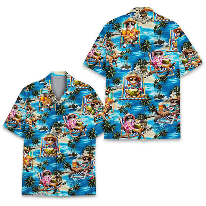 Detailed front view of the matching family hawaiian shirt with cats and palm trees