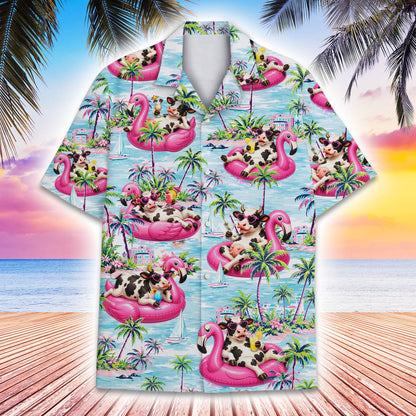Blue tropical hawaiian shirt with pink flamingos, front view 3