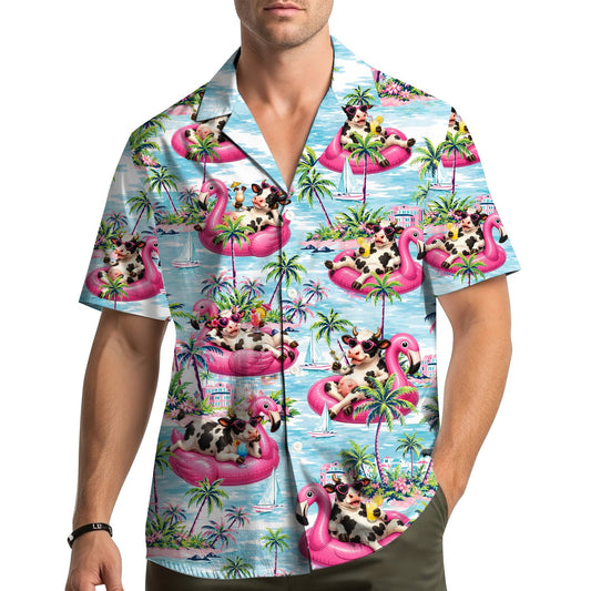Tropical vacation hawaiian shirt featuring cartoon cows on flamingo floats, main view