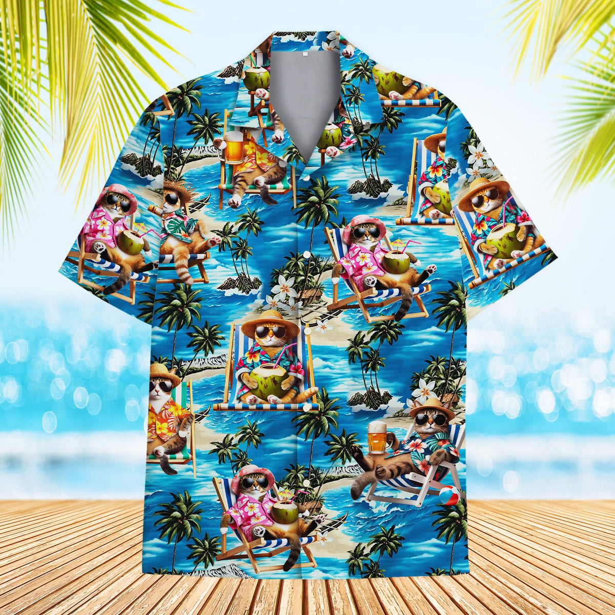 Tropical vacation hawaiian shirt with relaxing cats pattern on blue background, main view