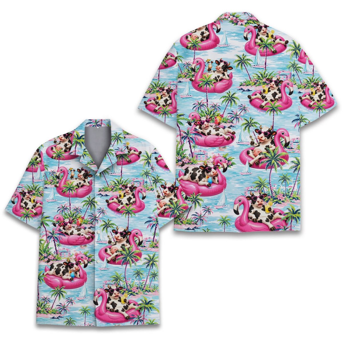 Family wearing matching family hawaiian shirts, lifestyle view 2