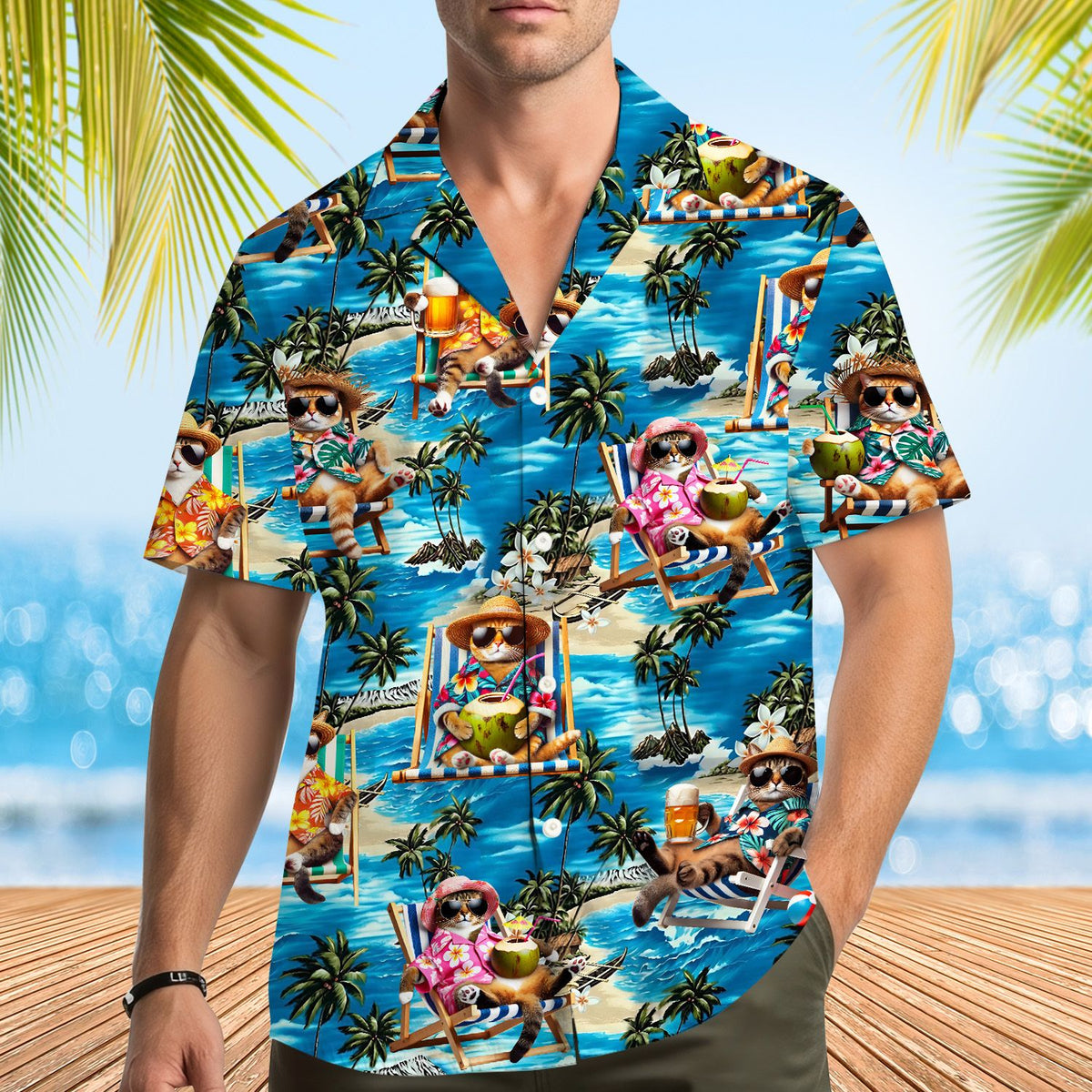 Another lifestyle view of the matching family hawaiian shirt with cats design