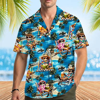 Another lifestyle view of the matching family hawaiian shirt with cats design