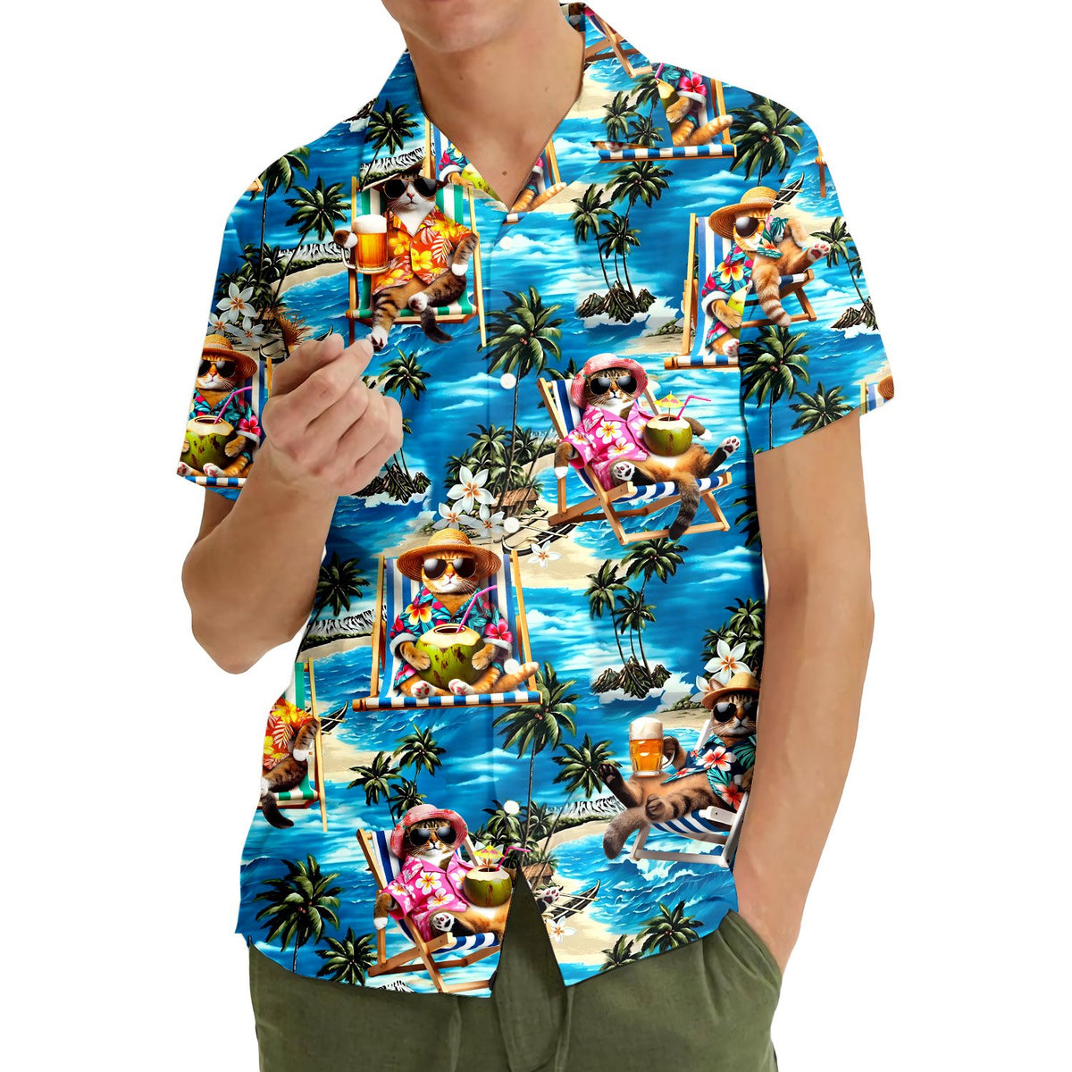 Lifestyle image showing the relaxing beach cats tropical vacation hawaiian shirt