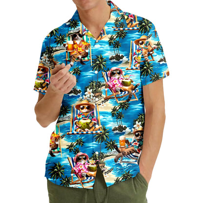 Lifestyle image showing the relaxing beach cats tropical vacation hawaiian shirt