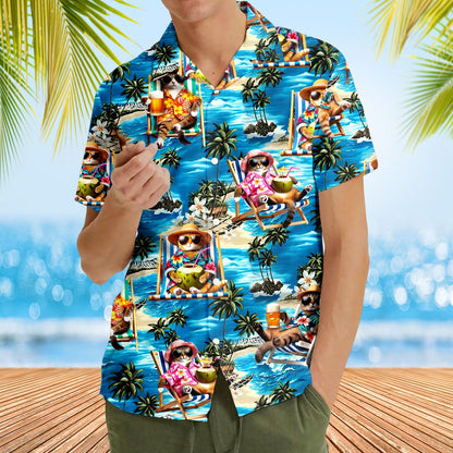 Casual lifestyle view of the blue tropical vacation hawaiian shirt