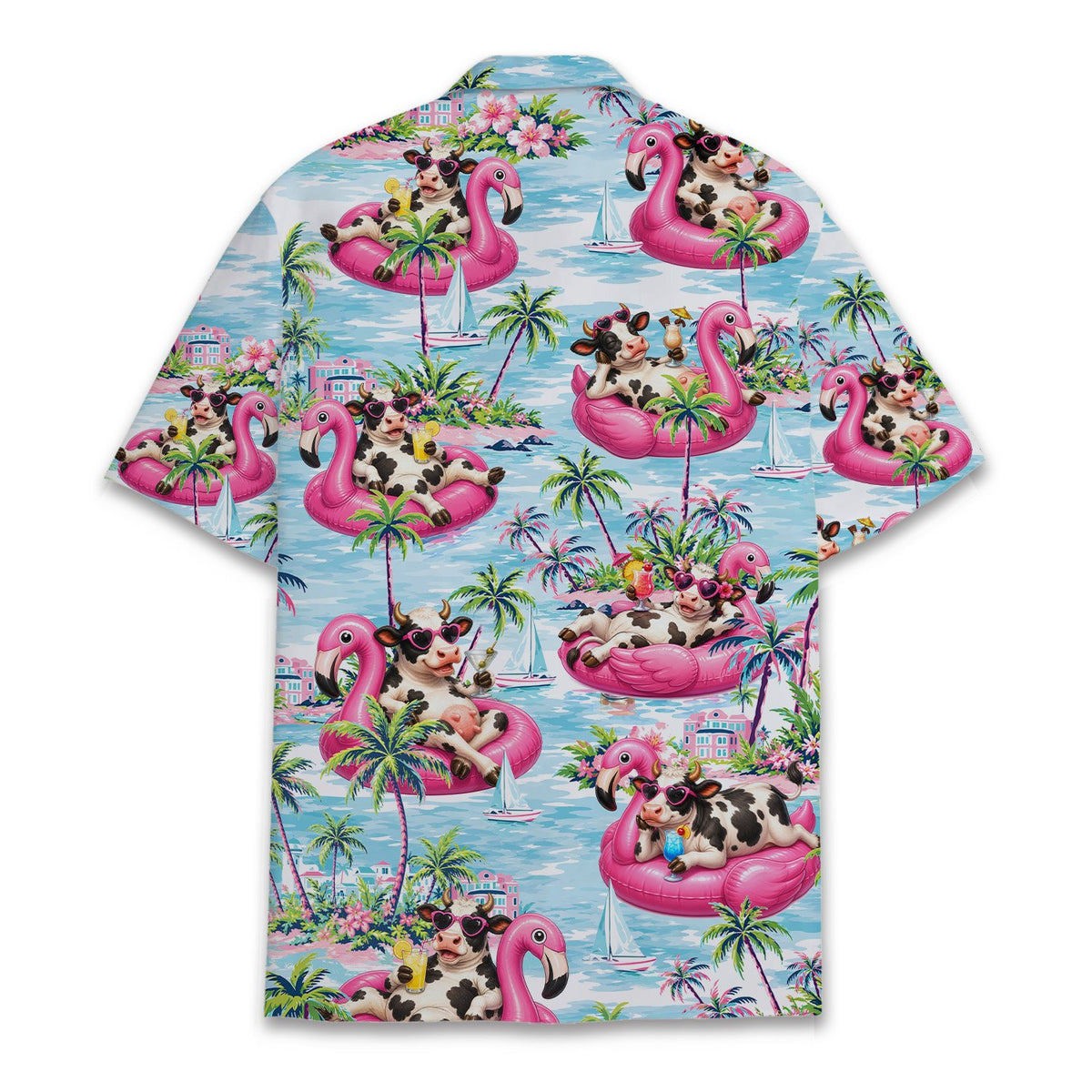 Person wearing the light blue tropical vacation hawaiian shirt, lifestyle view