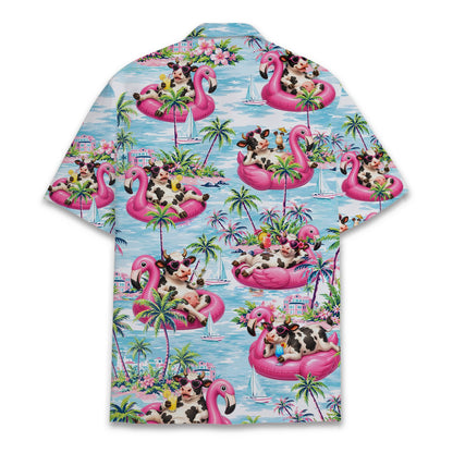 Person wearing the light blue tropical vacation hawaiian shirt, lifestyle view