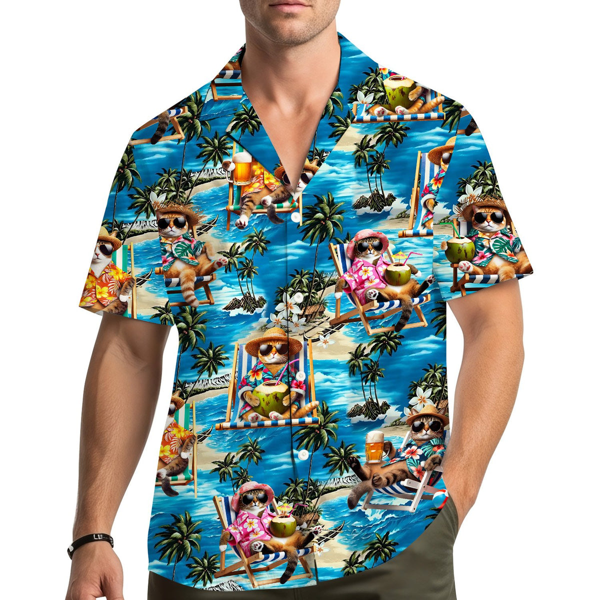 Lifestyle view of a person wearing the tropical vacation hawaiian shirt