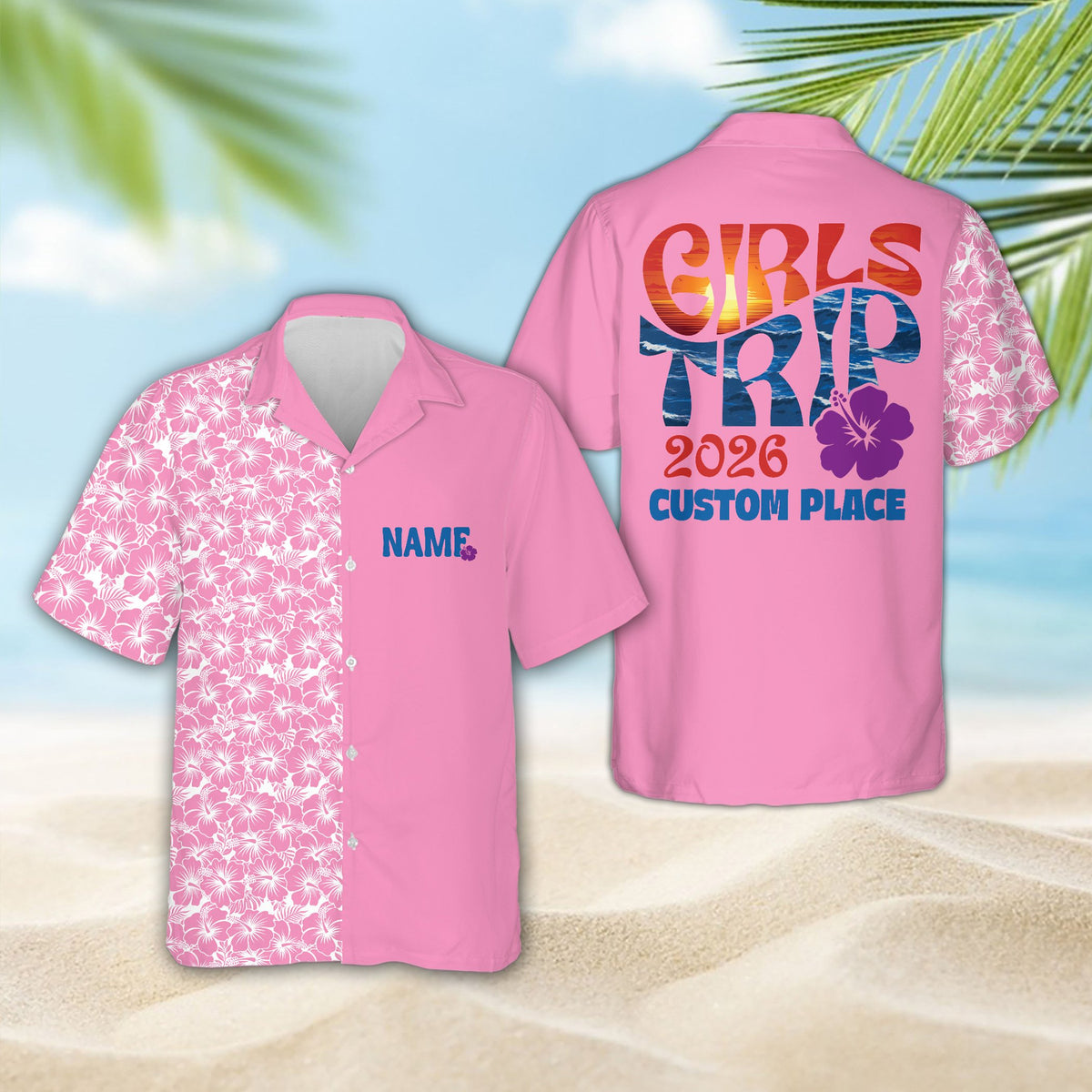 Pink tropical hawaiian shirt with floral pattern, front view