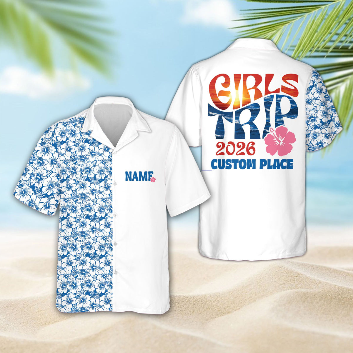 White tropical vacation hawaiian shirt with custom name and number, main view
