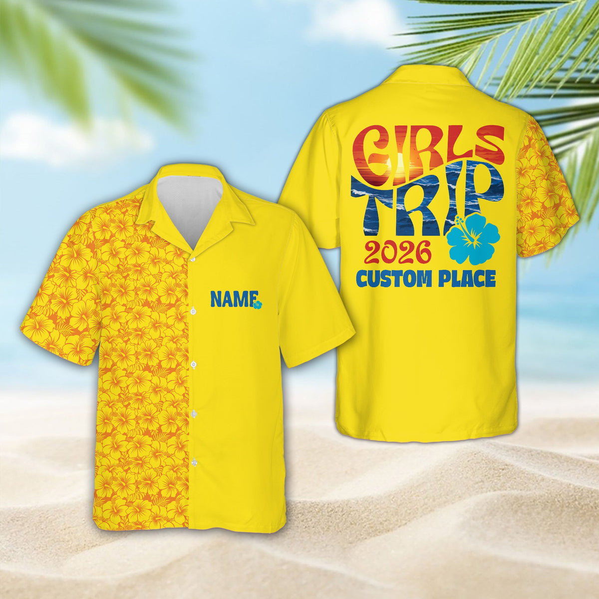 Yellow tropical hawaiian shirt matching family style, front view
