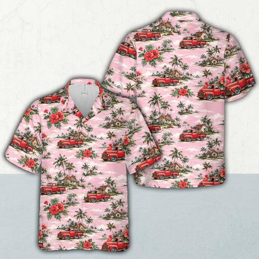 Vintage mens hawaiian shirt featuring tropical vintage truck pattern, main view