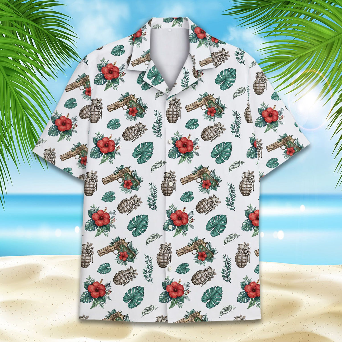 Tropical weaponry hawaiian shirt front view 2