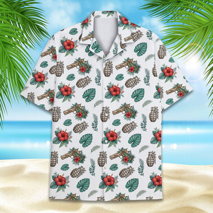 Tropical weaponry hawaiian shirt front view 2