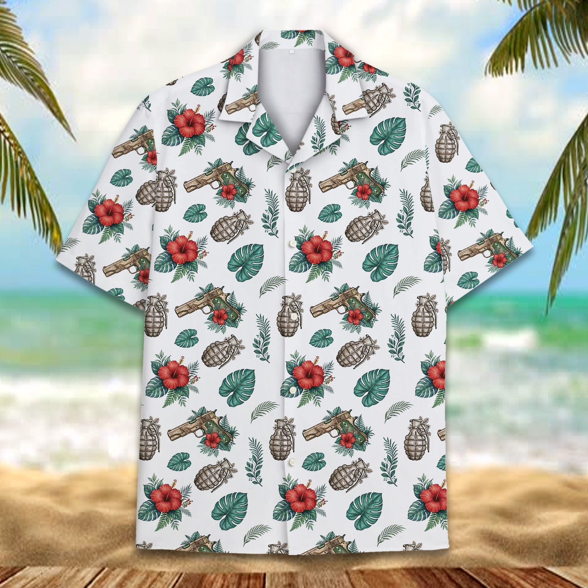 Tropical weaponry hawaiian shirt front view 3