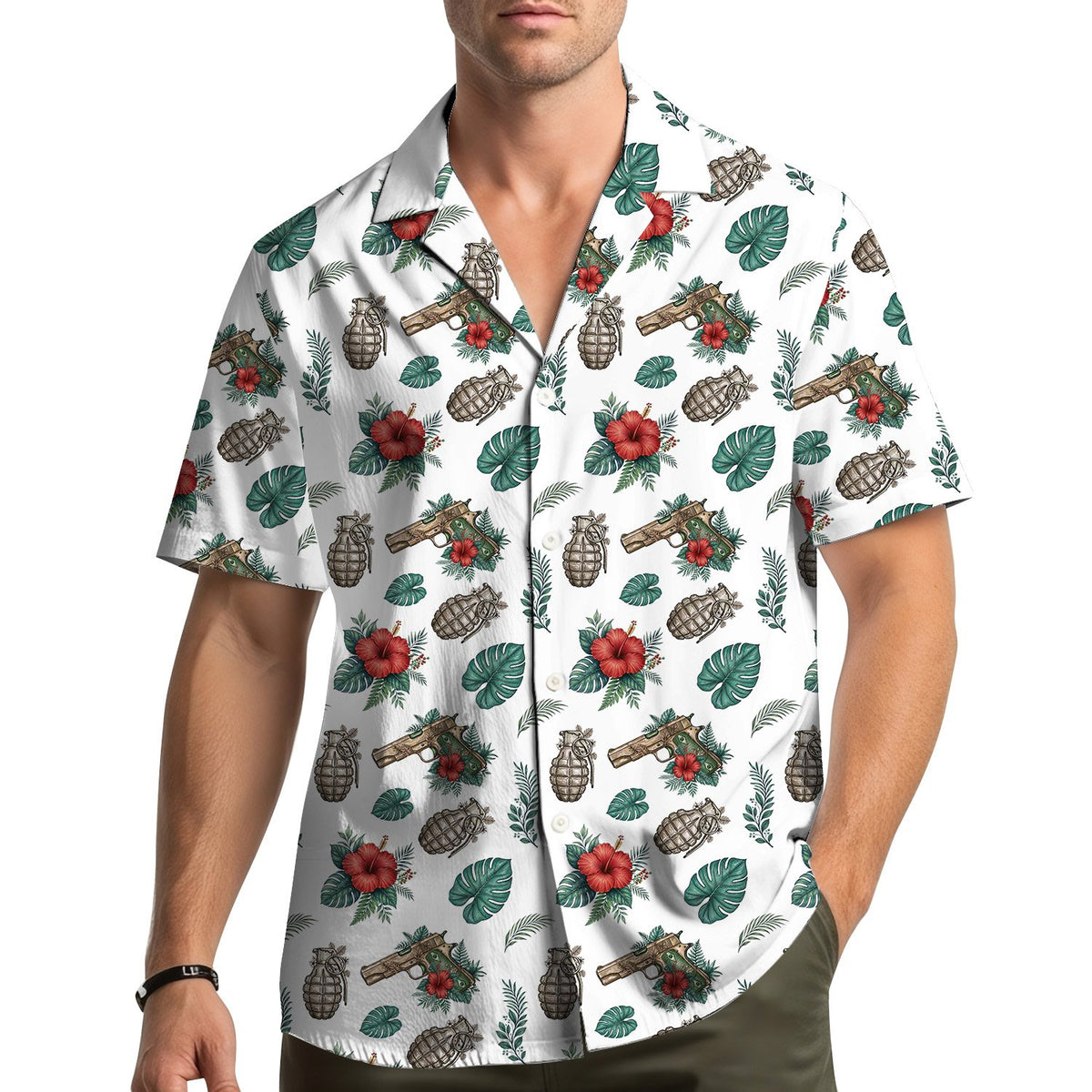 Tropical weaponry hawaiian shirt front view 5