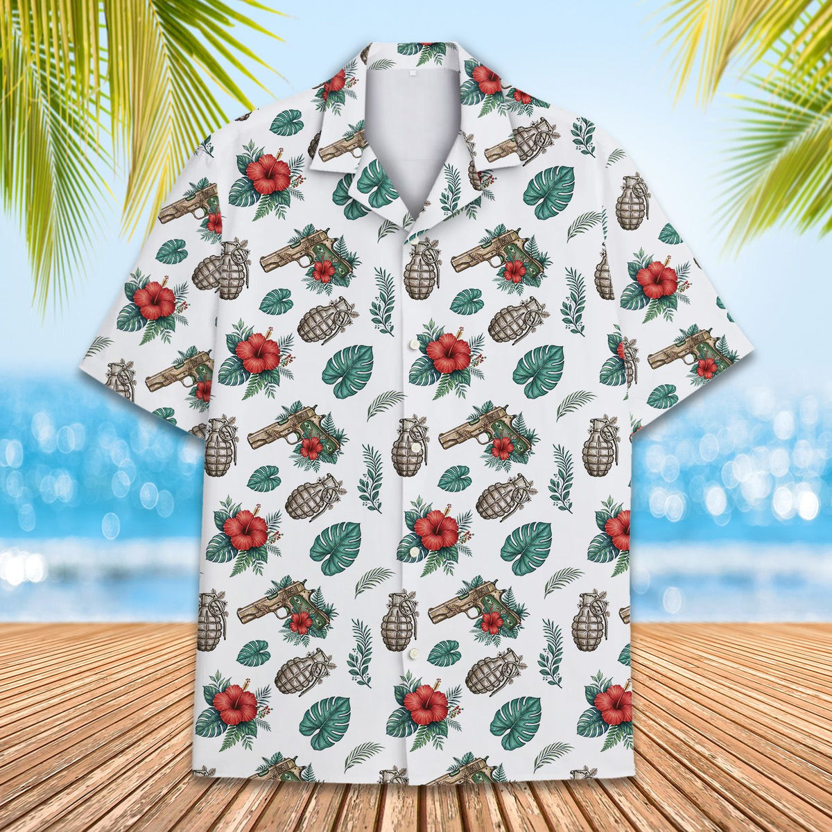 Tropical weaponry hawaiian shirt front view