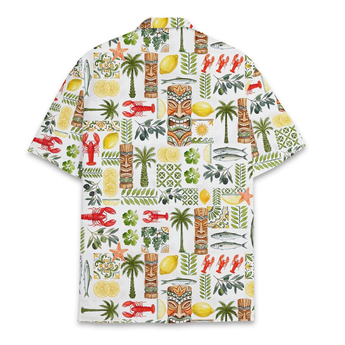 Back view of the vibrant vacation print hawaiian shirt