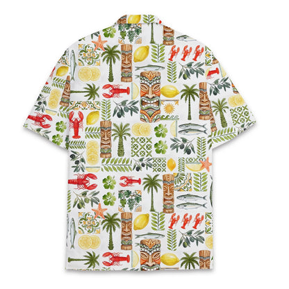 Back view of the vibrant vacation print hawaiian shirt
