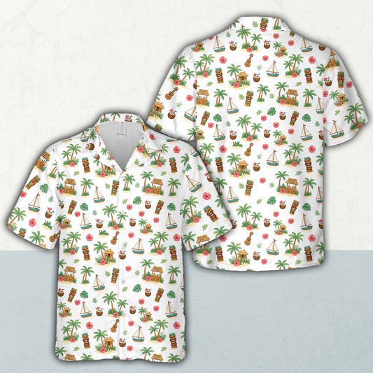 Main view of the matching family hawaiian shirts with tropical tiki and palm tree pattern on white background