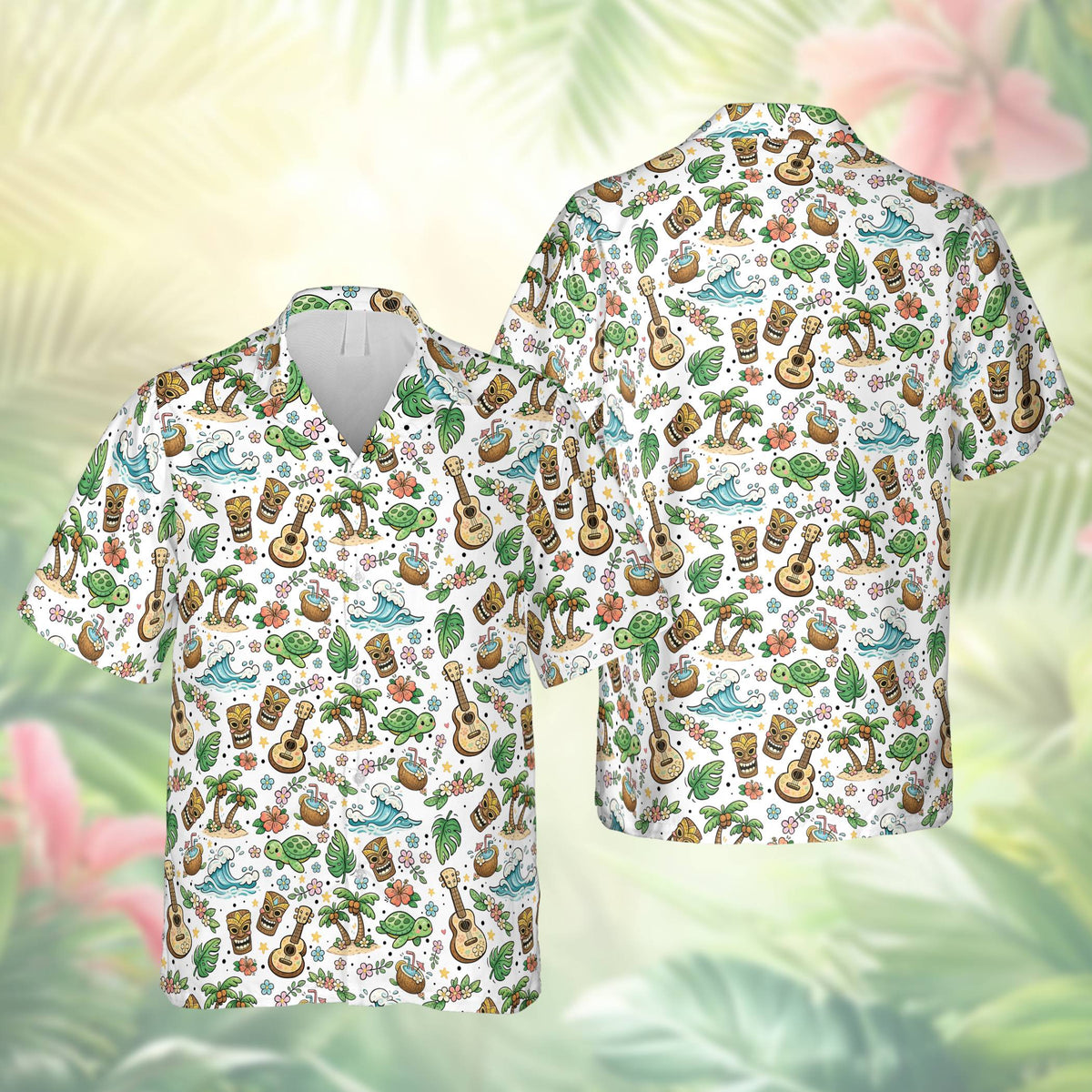 Matching family hawaiian shirts featuring a tropical tiki and sea turtle design, white color family group view