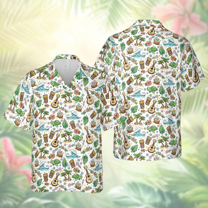 Matching family hawaiian shirts featuring a tropical tiki and sea turtle design, white color family group view