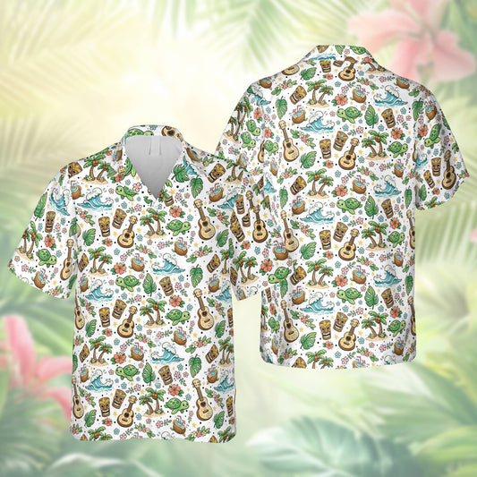 Matching family hawaiian shirts featuring a tropical tiki and sea turtle design, white color family group view