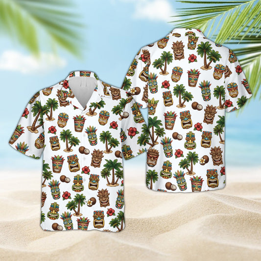 White matching family hawaiian shirt with tropical tiki pattern, front view