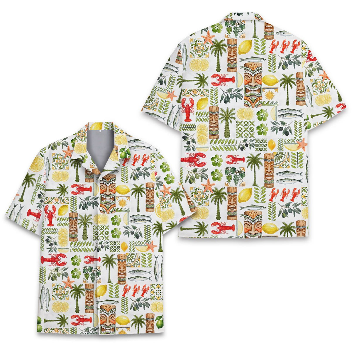 Front view of the tropical hawaiian shirt featuring lemons and lobsters