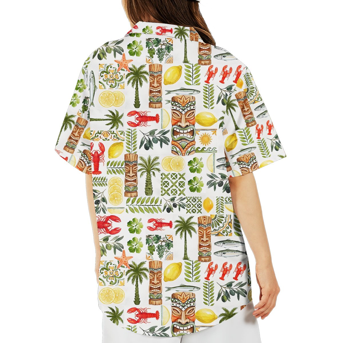 Another lifestyle view showing the white tropical hawaiian shirt in a summer setting