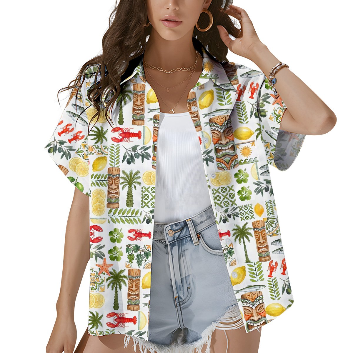 Lifestyle image of the vacation hawaiian shirt worn outdoors