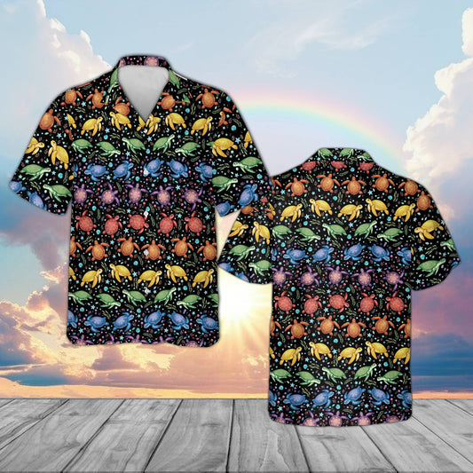 Black matching family hawaiian shirts with multicolor turtles pattern, front view