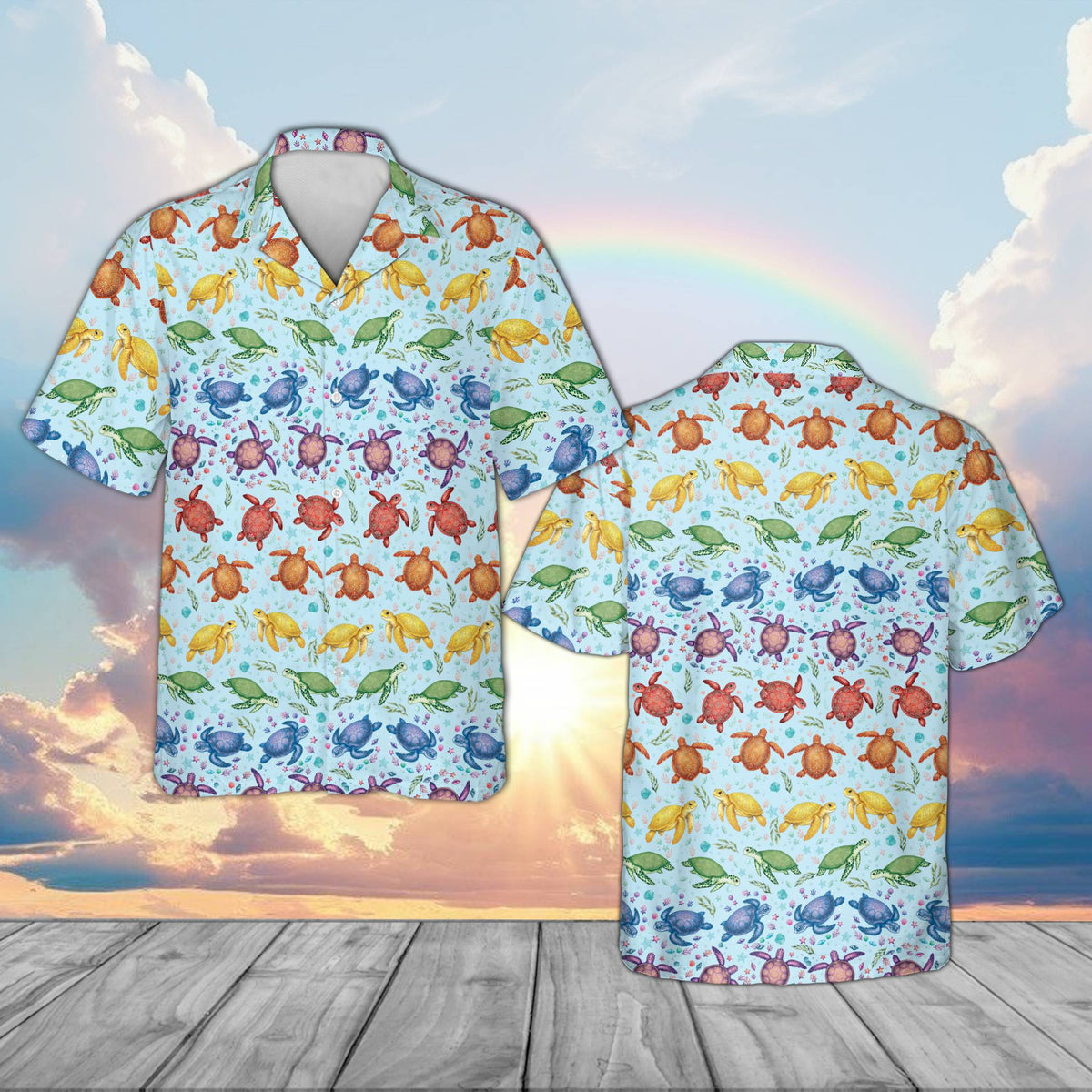 Blue button-down hawaiian shirt with vibrant sea turtles, front view