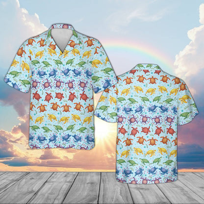 Blue button-down hawaiian shirt with vibrant sea turtles, front view